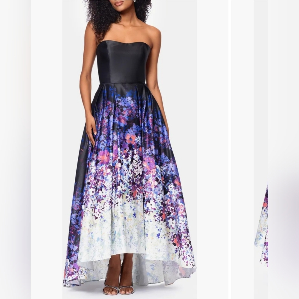 Betsy & Adam Ombré Floral Strapless High Low Ball Gown